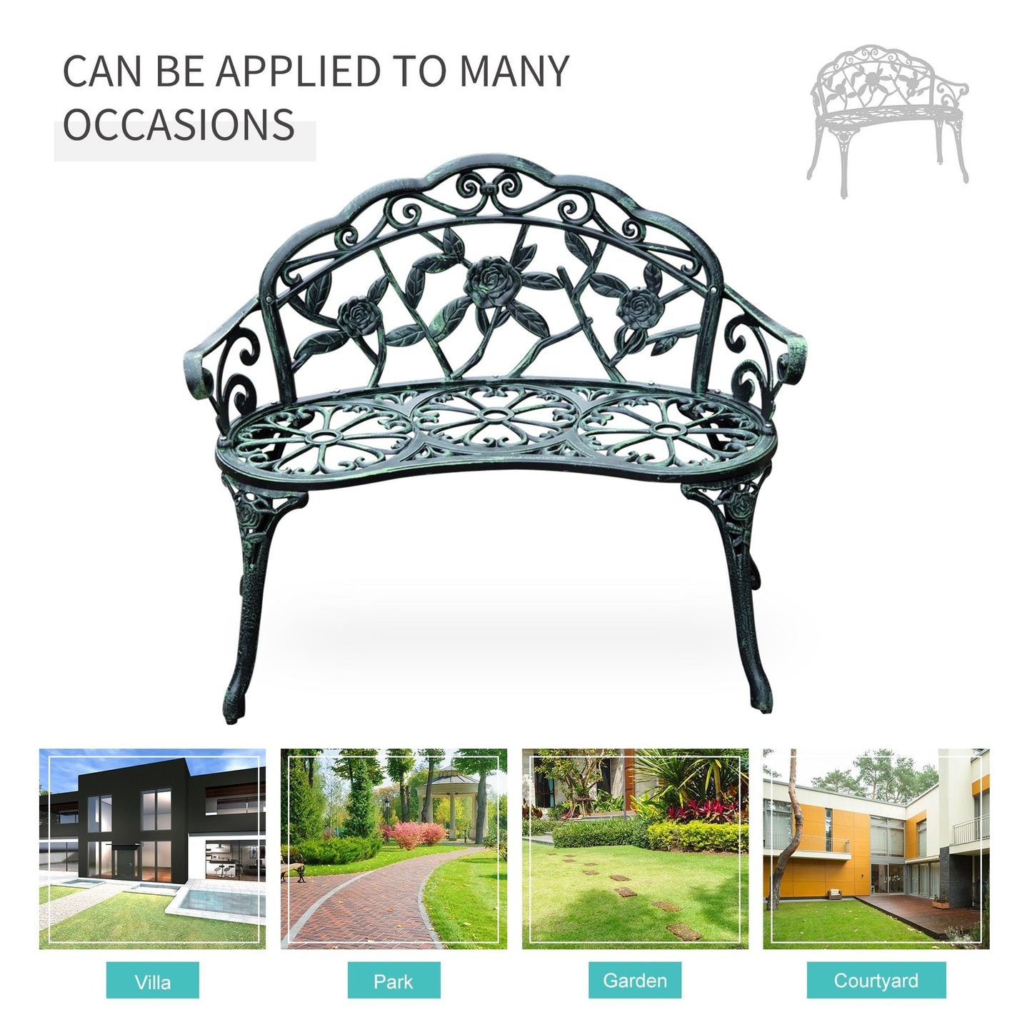 Outsunny Cast Aluminium Outdoor Garden Patio Antique Rose Style Bench Porch Park Chair Seat - أخضر