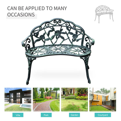 Outsunny Cast Aluminium Outdoor Garden Patio Antique Rose Style Bench Porch Park Chair Seater - Green