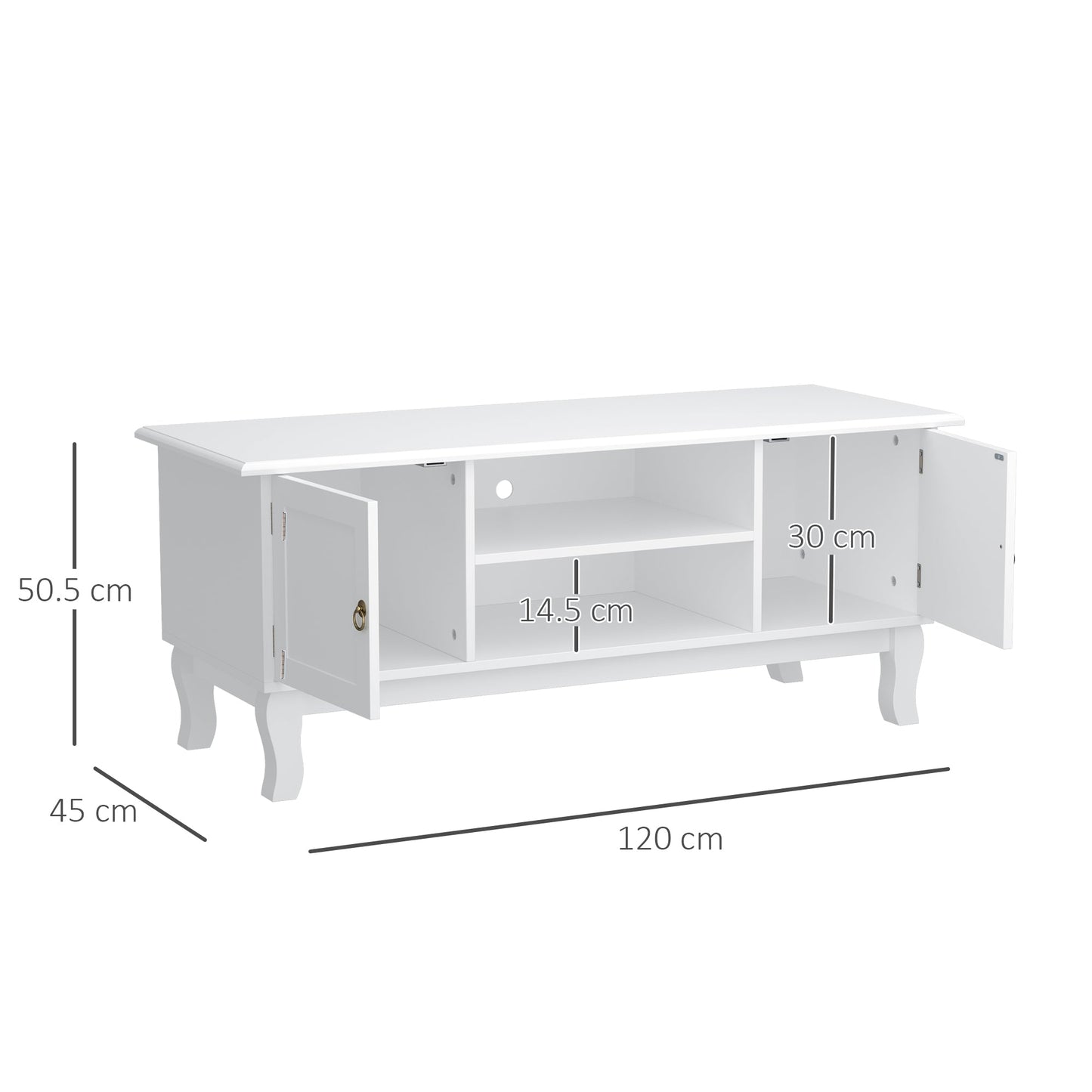 HOMCOM TV Unit up to 55", 2 Doors TV Cabinet with Open Storage Shelves and Cable Management for Living Room, Bedroom, Entertainment Room, 120L x 45W x 50.5H, White