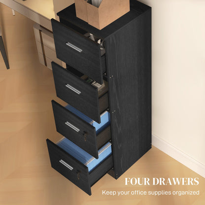 HOMCOM Four-Drawer Lockable Filing Cabinet - Black Wood Effect
