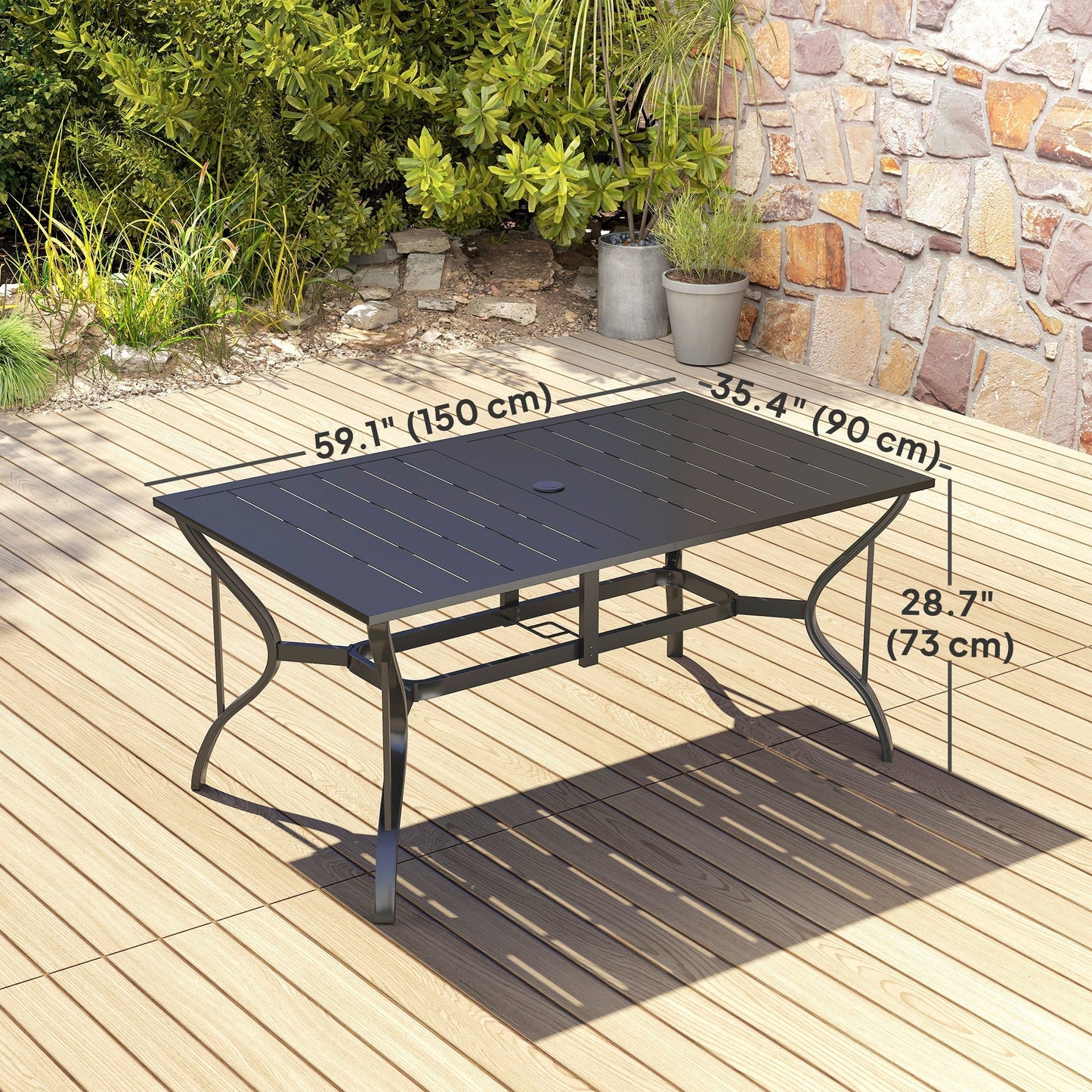 Outsunny Rectangle Garden Dining Table with Parasol Hole, Patio Table with Steel Frame and Slat Tabletop, 150cm x 90cm, Black