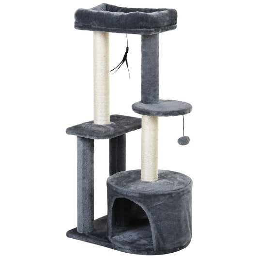 PawHut Cat Multi-Activity Tree Tower w/ Perch House Scratching Post Platform Play Ball Plush Covering Play Rest Relax Grey White