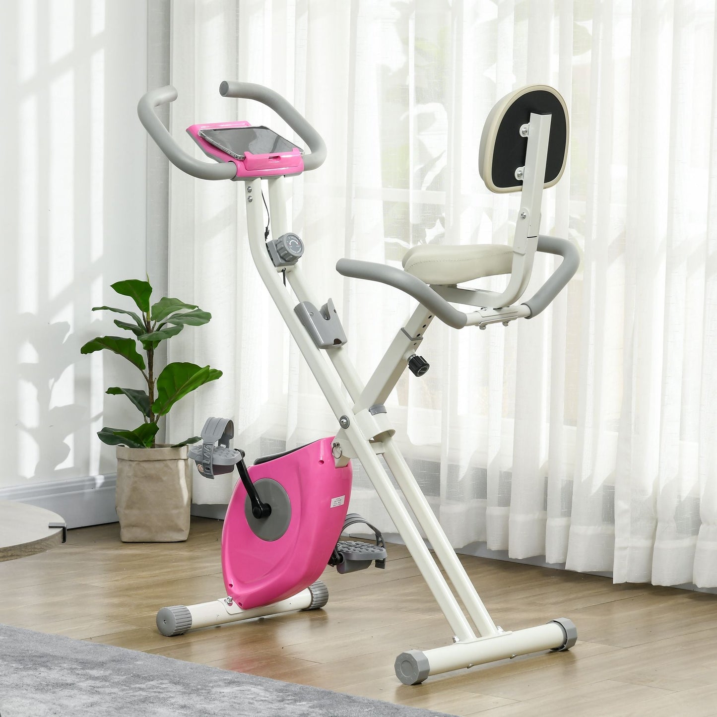 HOMCOM Folding Exercise Bike, with Adjustable Magnetic Resistance, Seat Height - White and Pink