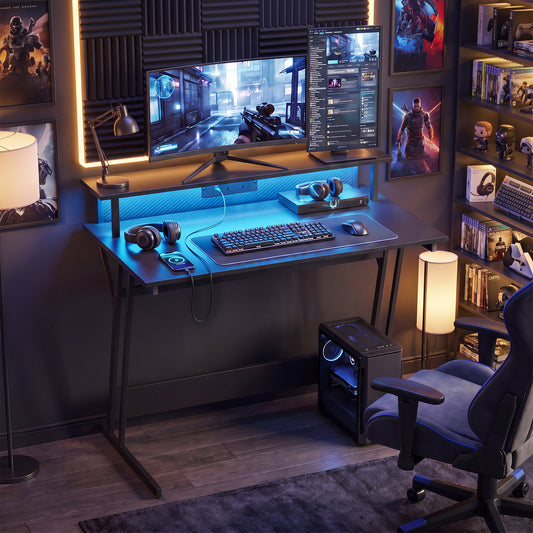 HOMCOM Two-Level LED Gaming Desk in Black, image 2
