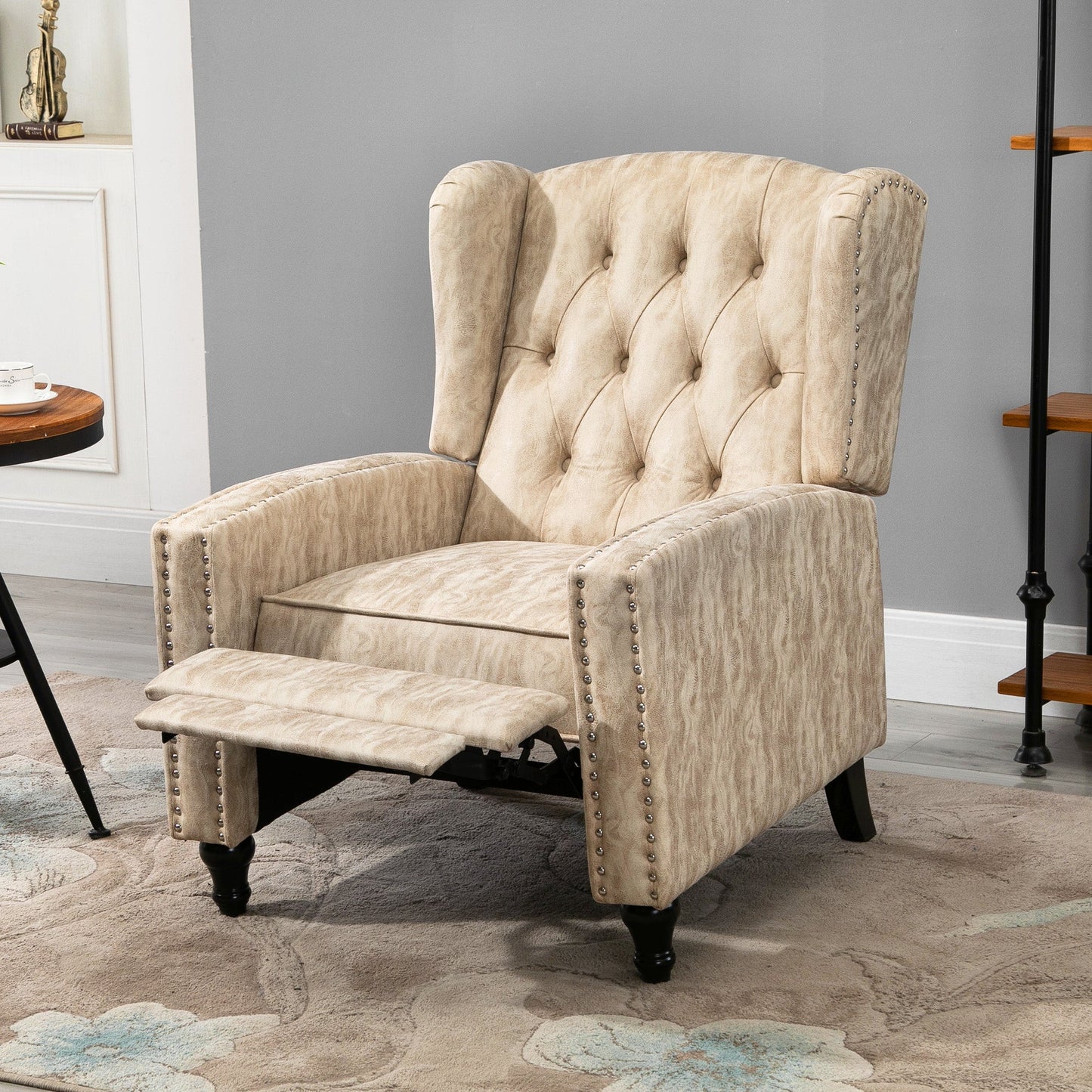 Retro Style Studded Upholstered Reclining Armchair w/ Retractable Footrest Beige