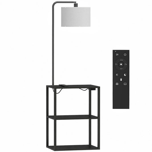 HOMCOM Dimmable Floor Lamp with Shelves, Charging Station, 3-Tier Storage Table, Adjustable Fabric Lampshade, Black