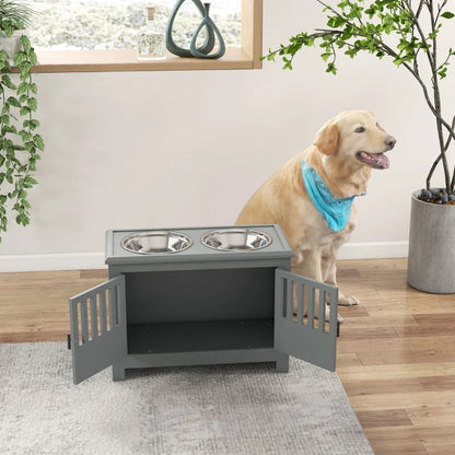 PawHut Raised Dog Bowls, Pet Feeding Station, with Storage, Food and Water Bowls, for Large Dogs - Grey