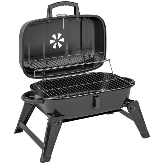 Grill węglowy Outsunny składany grill BBQ o powierzchni do gotowania 1232 cm, regulowanym otworze wentylacyjnym, termometrze, uchwytach na piknik kempingowy, czarny