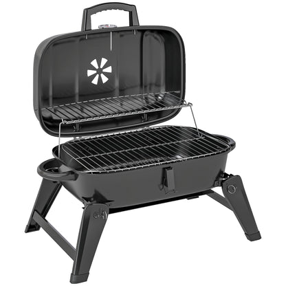Outsunny Charcoal Barbecue Grill Folding BBQ Grill with 1232 cm√Ç¬≤ Cooking Area, Adjustable Vent, Thermometer, Handles for Camping Picnic, Black