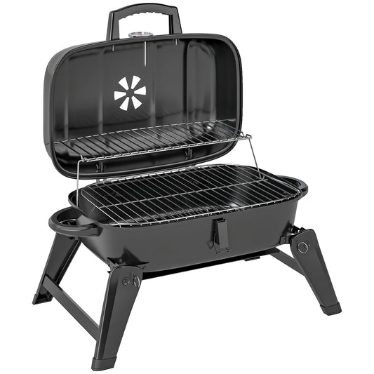 Grill węglowy Outsunny składany grill BBQ o powierzchni do gotowania 1232 cm, regulowanym otworze wentylacyjnym, termometrze, uchwytach na piknik kempingowy, czarny
