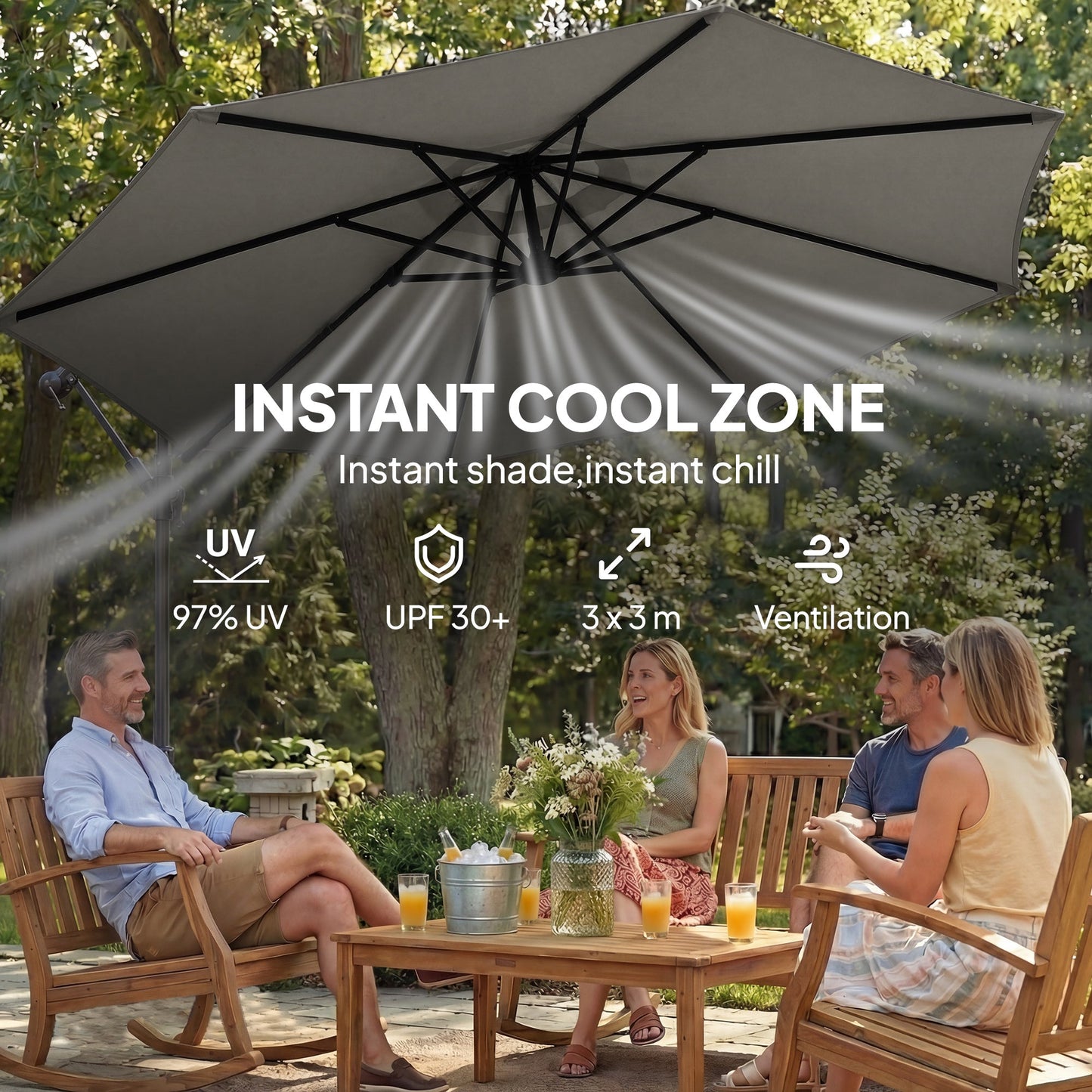 Outsunny 3 m Garden Cantilever Parasol with Cross Base, Sandbag, 360Â° Rotating Overhanging Banana Umbrella, Grey