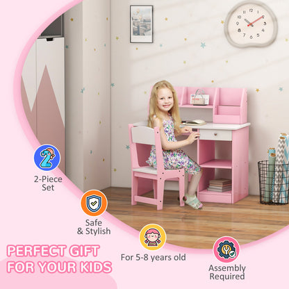 ZONEKIZ Two-Piece Kids Desk and Chair Set with Storage, for Ages 5-8 Years - Pink