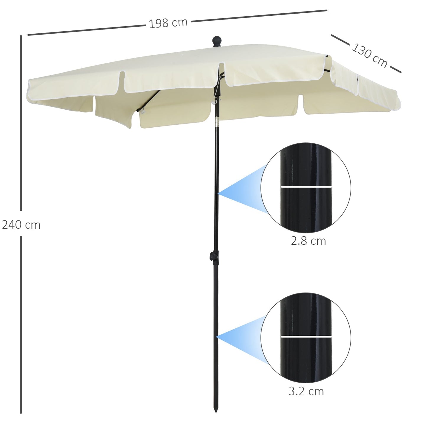 Outsunny Aluminium Sun Umbrella Parasol Patio Garden Tilt 2M x 1.25M Cream White