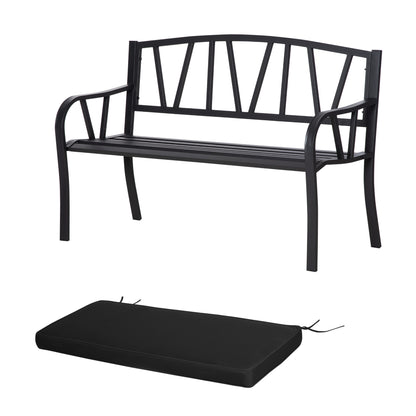 Ławka ogrodowa Outsunny 2-osobowa z poduszką, metalowa sofa dwuosobowa, krzesło parkowe z listewkami, ozdobne oparcie i podłokietniki, kolor czarny