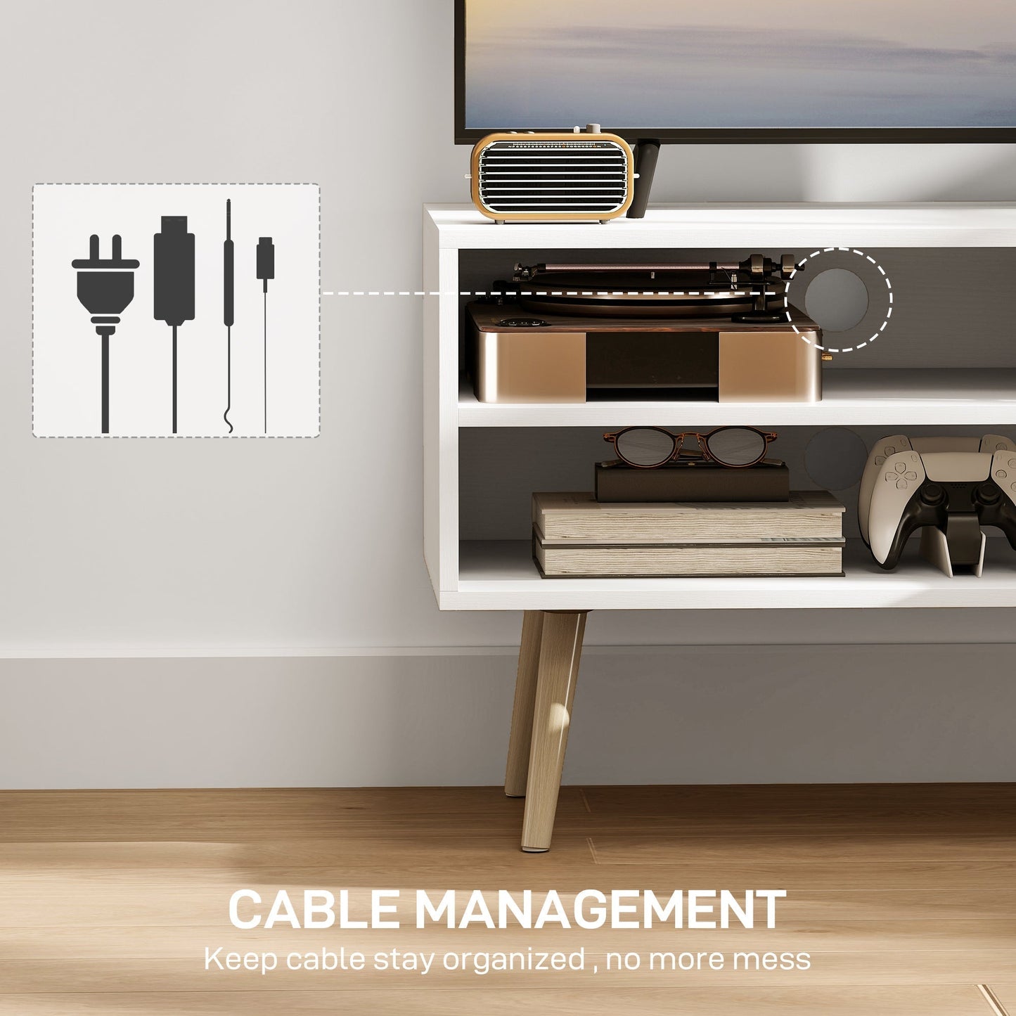 HOMCOM TV Stand up to 55 Inches, TV Unit with Open Shelves and Cable Holes - White