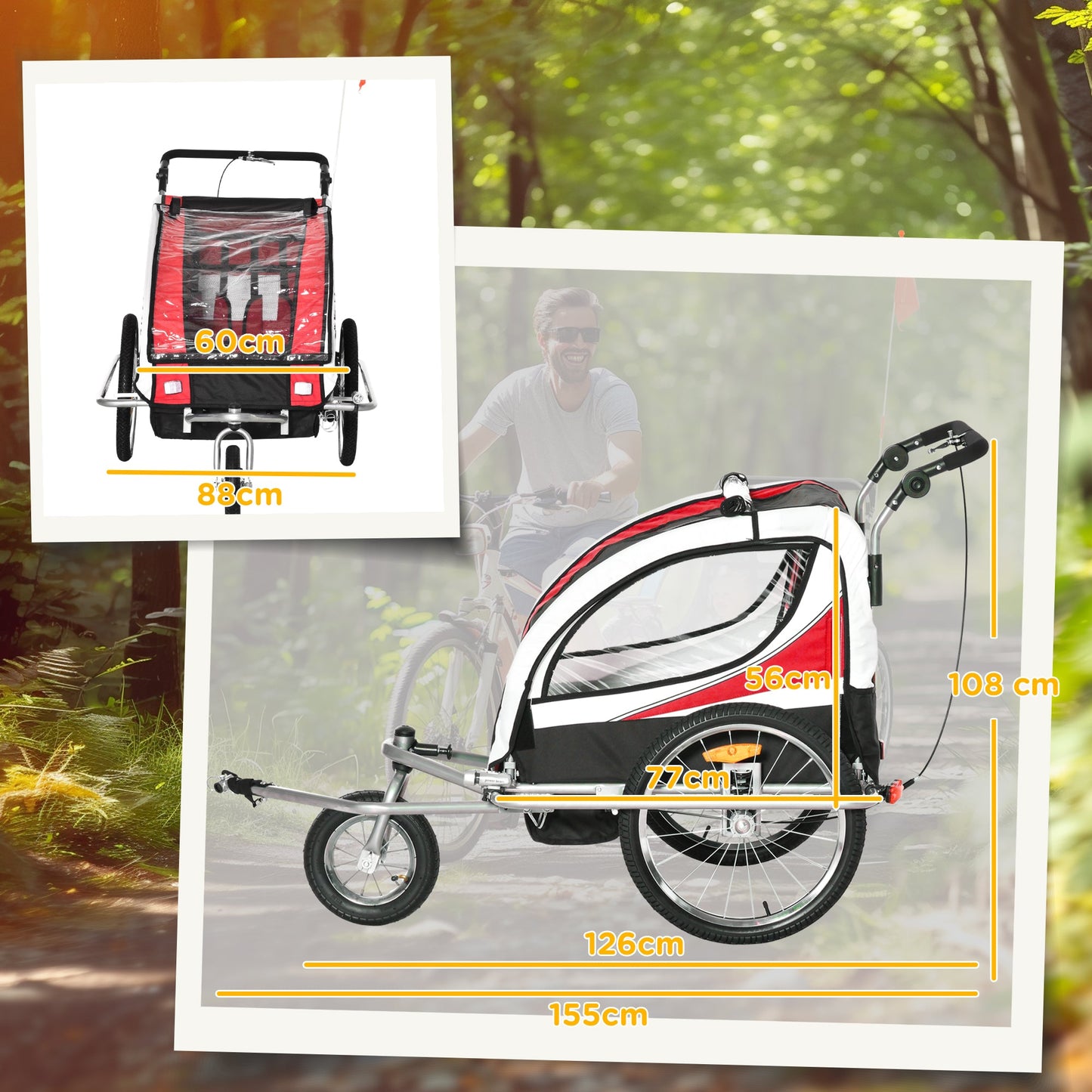 HOMCOM Child Bike Trailer Baby Bicycle Trailer 360¡ Rotatable for 2 Kids with Steel Frame LED Hitch Coupler Red
