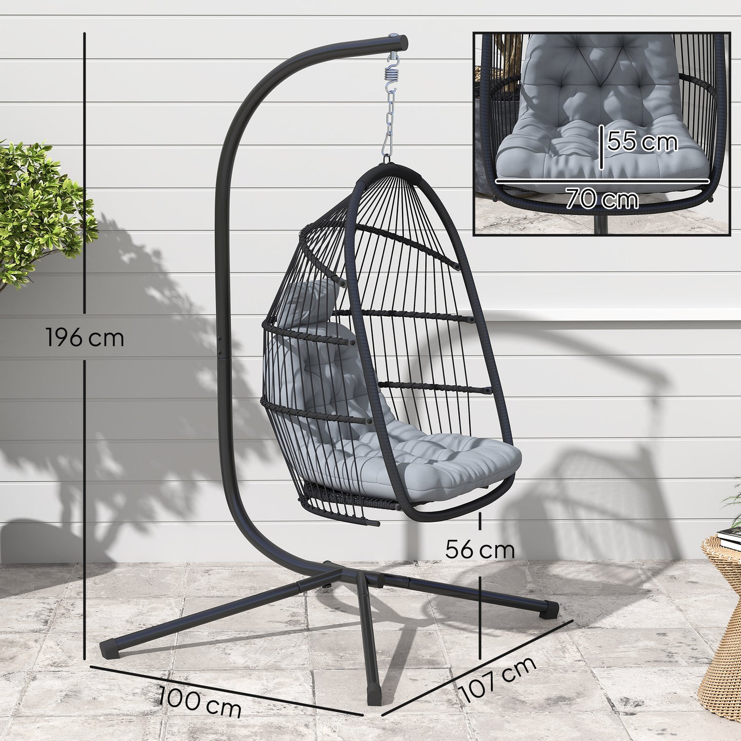 Outsunny Rattan Hanging Egg Chair with Stand, Foldable Wicker Swing Egg Chair with Cushion, Head Pillow, Steel Frame, Hammock Chair for Indoor Outdoor, Capacity 150 kg, Dark Grey