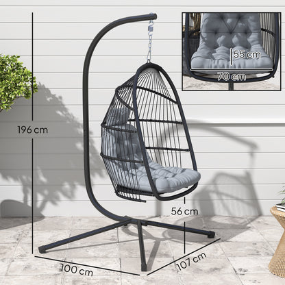 Outsunny Rattan Hanging Egg Chair with Stand, Foldable Wicker Swing Egg Chair with Cushion, Head Pillow, Steel Frame, Hammock Chair for Indoor Outdoor, Capacity 150 kg, Dark Grey