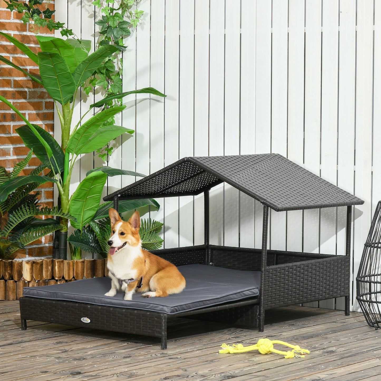 PawHut Extendable Elevated Dog Bed, Rattan Dog House w/ Water-Resistant Roof, Removable Cushion, for Small, Medium Dogs - Grey