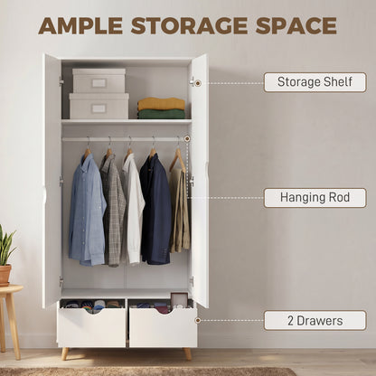 HOMCOM Elegant Home Storage Organisation Furniture, 2-Door Clothes Wardrobe with 2 Drawers, Wood Feet, White