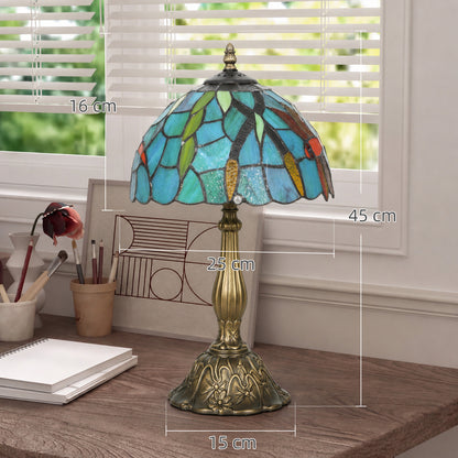 HOMCOM Tiffany Stained Glass Table Lamp, Handmade Antique Bedside Lamp for Bedroom, Living Room, Nightstand, Green