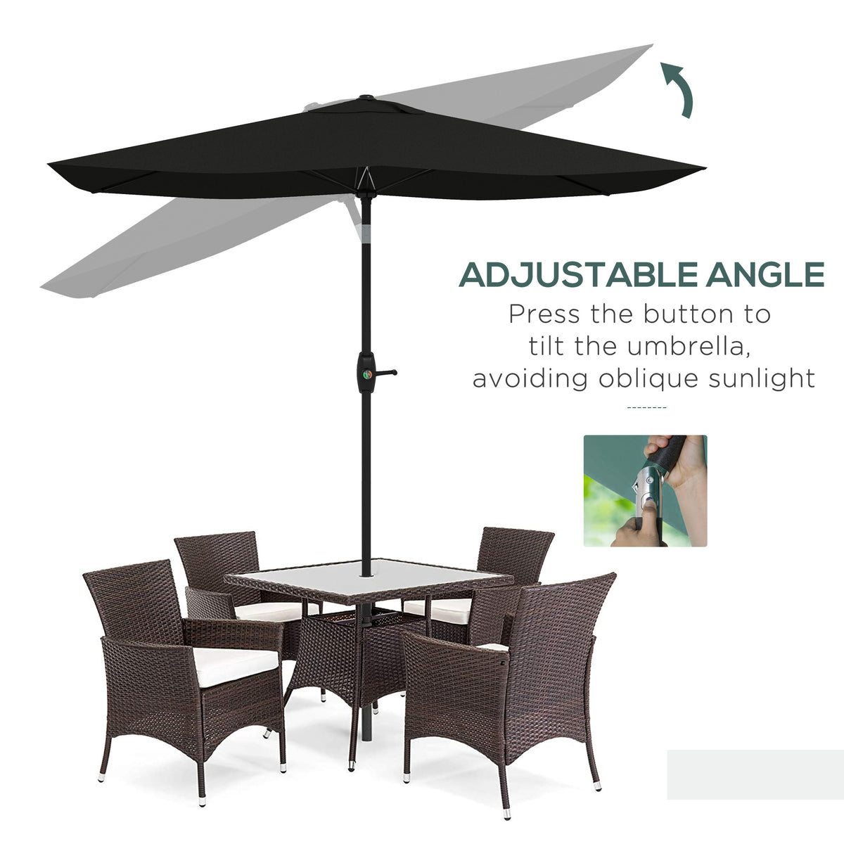 Outsunny 3 x 2 m Garden Parasol Umbrella with Aluminium Pole, UPF 50+ Rectangular Outdoor Table Parasol Sun Shade with Crank & Push Button Tilt, Metal Ribs, Black
