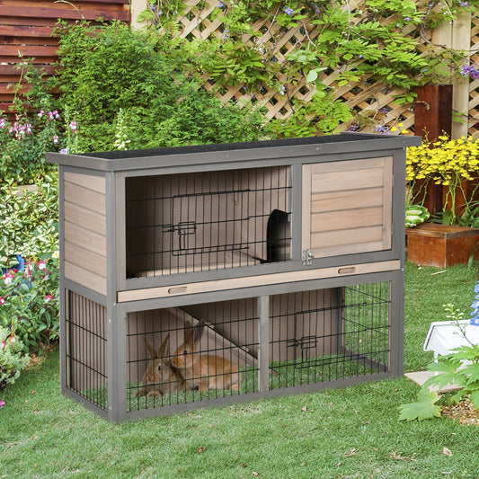 بيت حيوانات صغير من PawHut Rabbit Hutch Bunny Cage مع صينية منزلقة، تشغيل، سطح قابل للفتح، منحدر، للأماكن الداخلية والخارجية، رمادي 108x45x78 سم