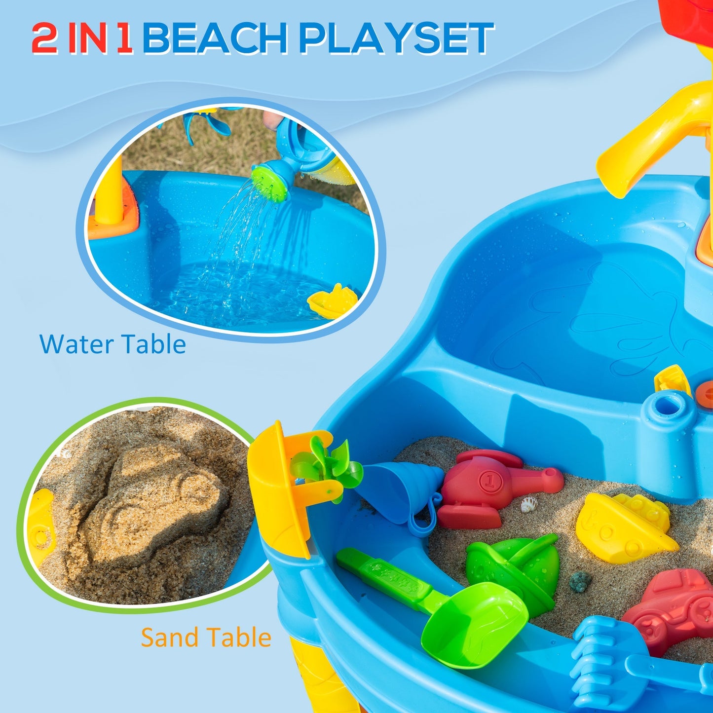 2 in 1 Sand and Water Table w/ Accessories, Adjustable Parasol - Multicoloured