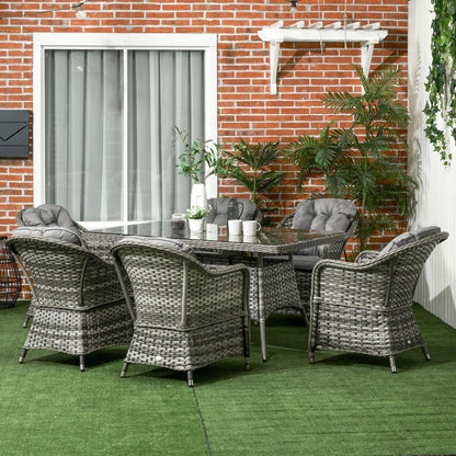 Outsunny 6 Seater Rattan Dining Set with Seat and Back Cushions, Round PE Rattan Garden Furniture Set, Outdoor Dining Table and Chairs, Rectangular Glass Top Table with Umbrella Hole, Grey