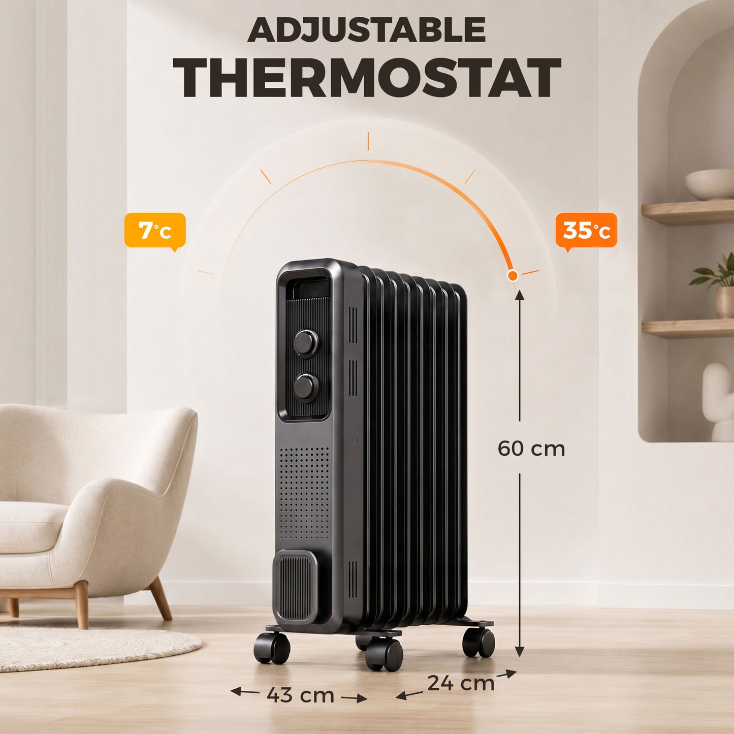 HOMCOM 2000W Oil Filled Radiator, 9 Fin, Portable Electric Heater with 3 Heat Settings, Safety Cut-Off and Wheels, Grey