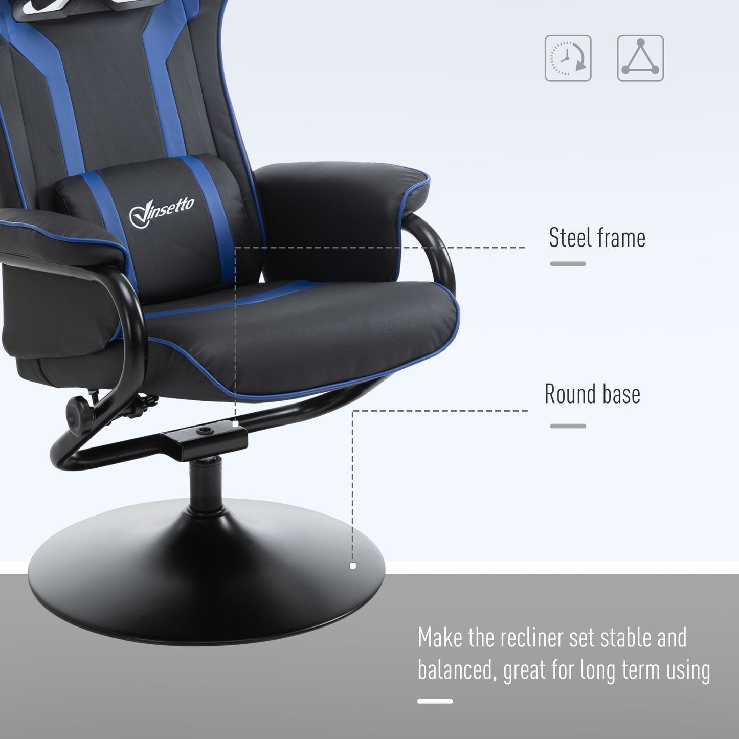 Vinsetto Reclining Chair and Stool Set, Recliner Chair with Headrest, Gaming Chair with Lumbar Support, Pedestal Base for Home Office, Blue