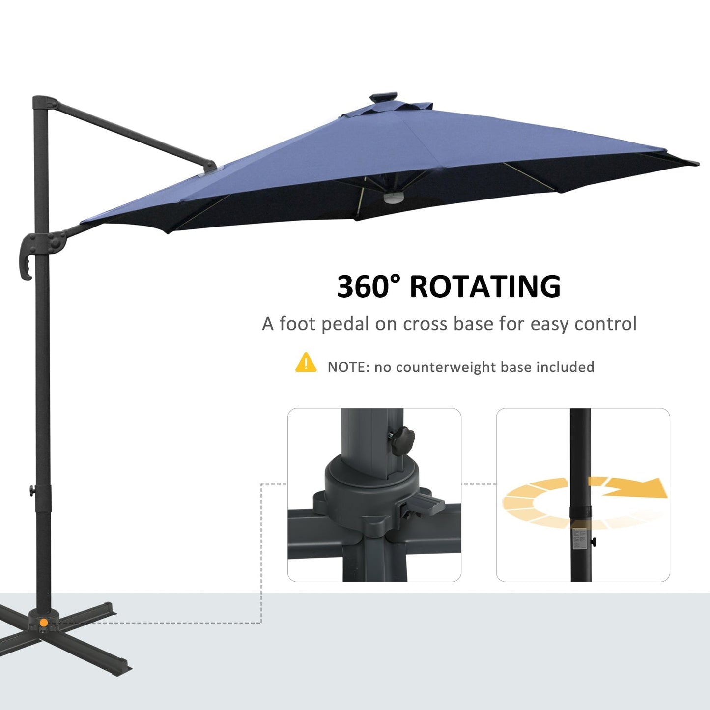 Outsunny 3(m) Cantilever Roma Parasol Garden Sun Umbrella فناء خارجي مع قاعدة متقاطعة من ضوء الشمس LED تدور 360 درجة، أزرق