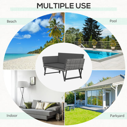 Sofa Outsunny 2-osobowa z rattanu z poduszkami, 2-w-1 z rattanu PE z podłokietnikami lewostronnymi w górę lub w dół, ogrodowa leżanka dwuosobowa na zewnątrz, patio, mieszany szary