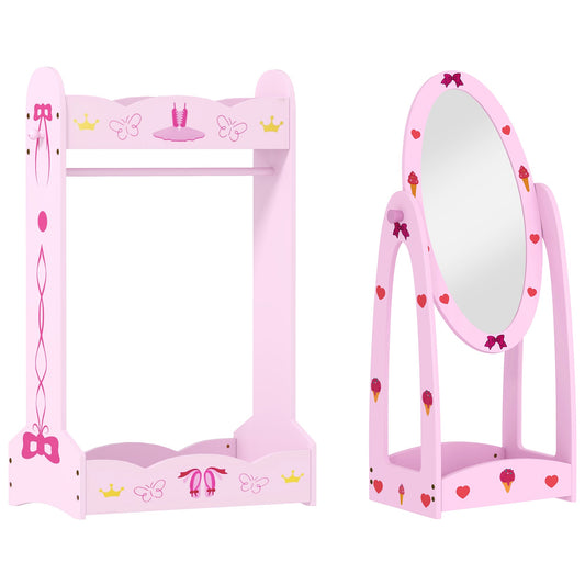 AIYAPLAY Kids Clothes Rail, Kids Dressing Mirror with 360 Rotating, 2 Piece Kids Furniture Set with Storage Shelves, Pink