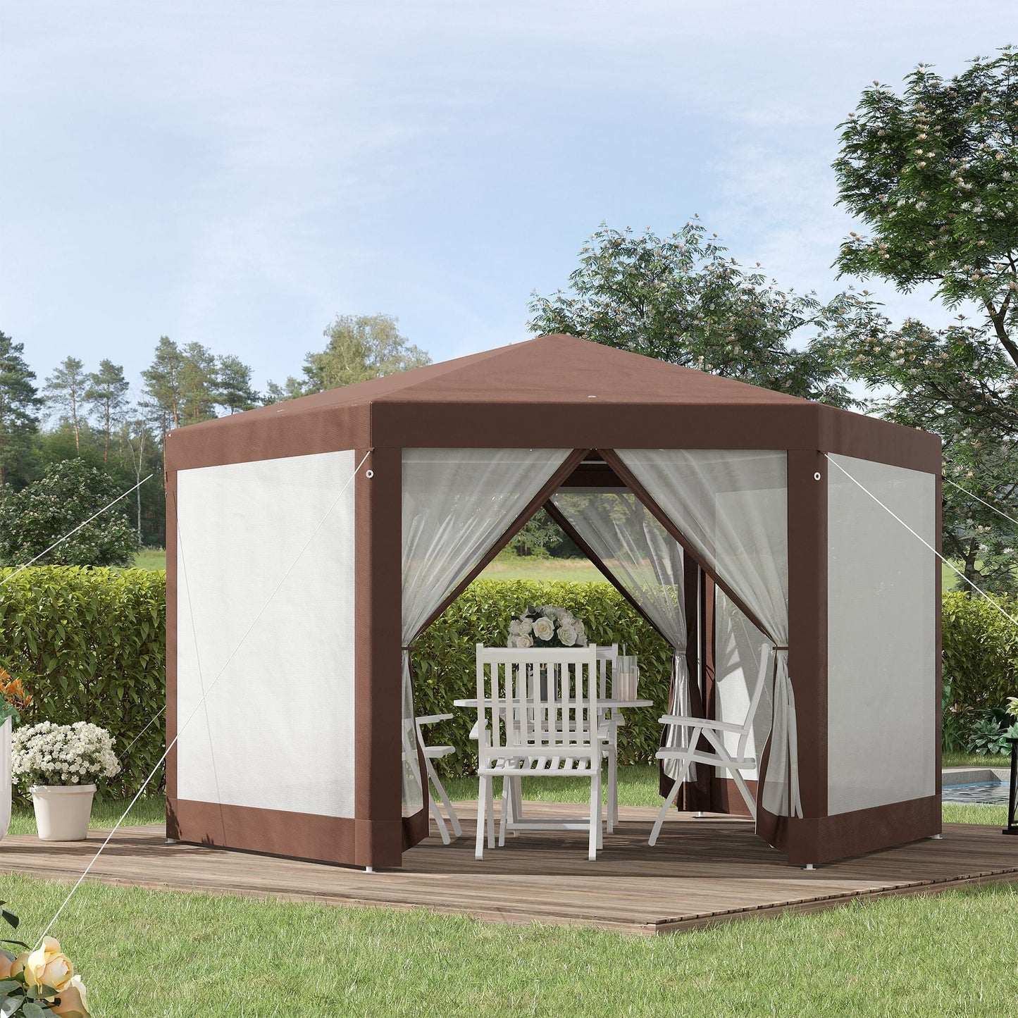 Outsunny Hexagonal Garden Gazebo Patio Party Outdoor Canopy Tent Sun Shelter with Mosquito Netting and Zipped Door, Brown