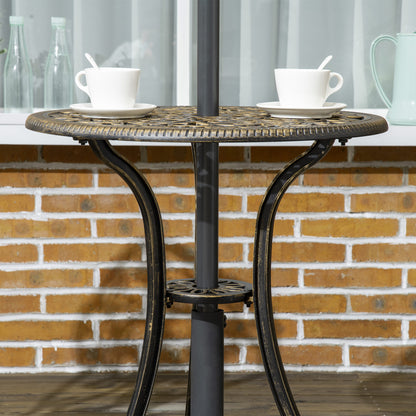 Outsunny 3-częściowy zestaw ogrodowy z odlewu aluminiowego dla 2 osób z otworem na parasol, zestaw stolików kawowych do ogrodu, dwa krzesła bez podłokietników i okrągły stolik kawowy na balkon, patio, brąz