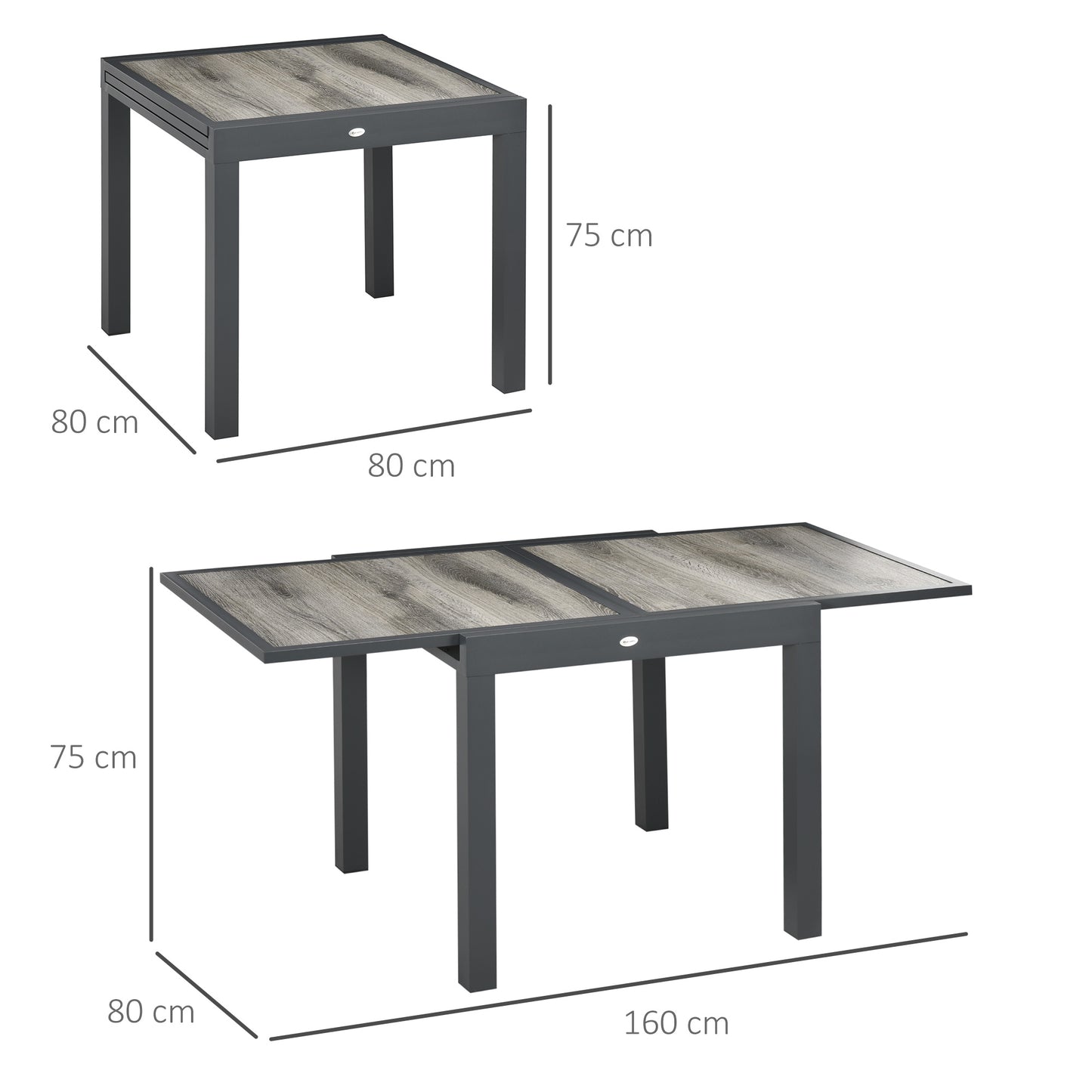 Outsunny Rozkładany Stół Ogrodowy, Stół Jadalny Na Zewnątrz Dla 6 Osób, Aluminiowa Rama Prostokątny Stół Patio Z Plastikowym Blatem, 80/160L x 80W x 75H cm, Szary