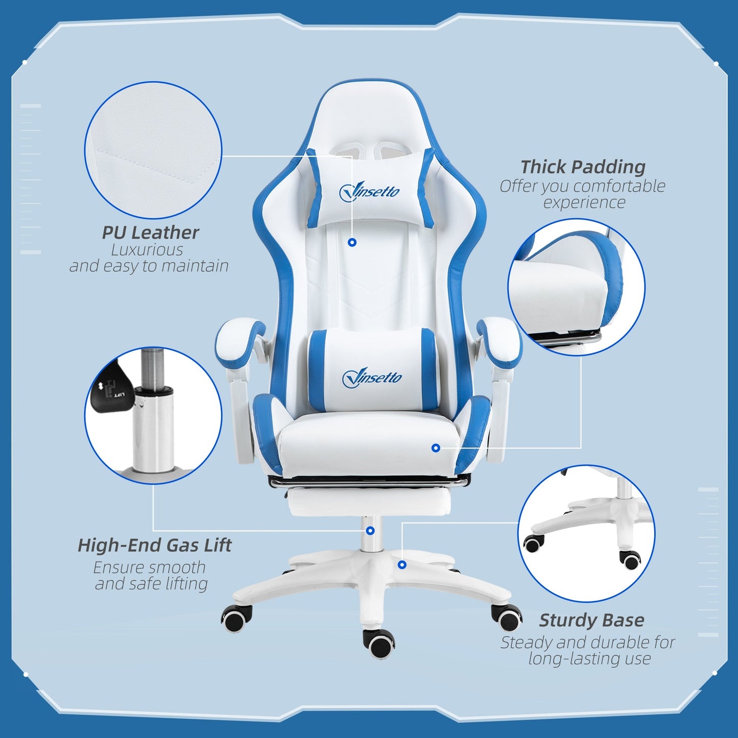 Racing Gaming Chair, Reclining PU Leather Computer Chair, 360 Degree Swivel Seat, Footrest, Removable Headrest and Lumber Support, White and Blue