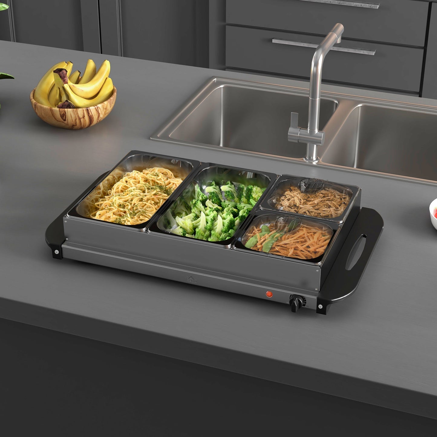 HOMCOM 4 Tray Electric Food Warmer Buffet Server with Warming Plate, Cool Touch Handles, Adjustable Temperature, 300W, 2 x 2.4L and 2 x 1L Pans