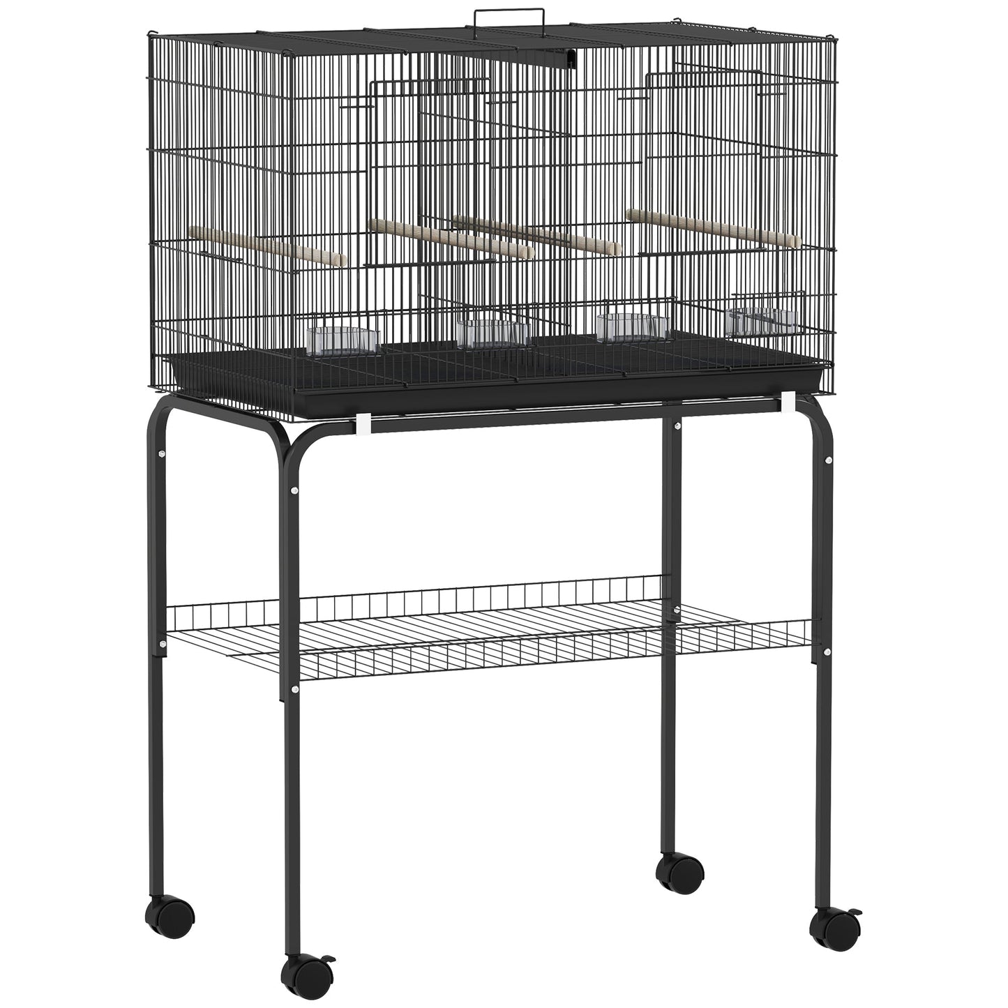 PawHut Bird Cage with Divider, 4 Wooden Perches, Slide Out Tray, 4 Feeders, for Budgie, Lovebird, Canary, 76 x 46 x 116cm Black