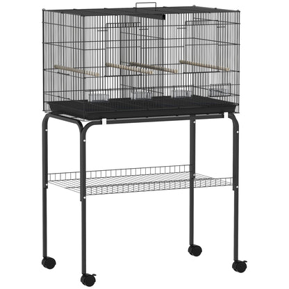 PawHut Bird Cage with Divider, 4 Wooden Perches, Slide Out Tray, 4 Feeders, for Budgie, Lovebird, Canary, 76 x 46 x 116cm Black