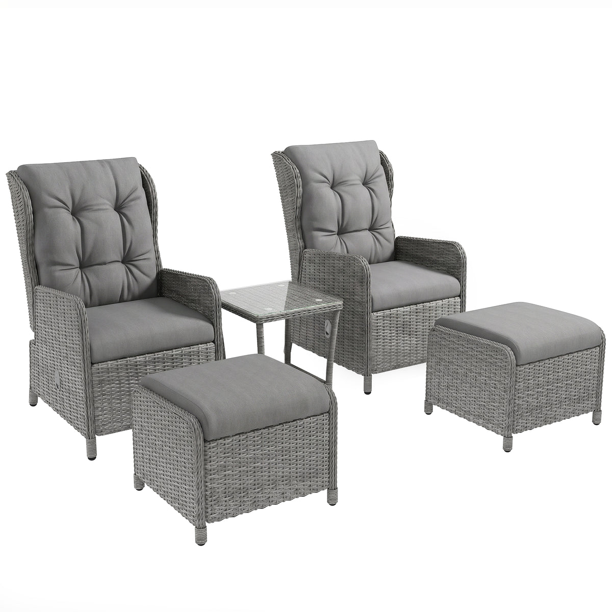 Outsunny 5 Pieces Rattan Bistro Set with Adjustable Back, Reclining Wicker Balcony Furniture with Cushions, Glass Top Coffee Table and Footstools, Outdoor Table and Chairs, Light Grey