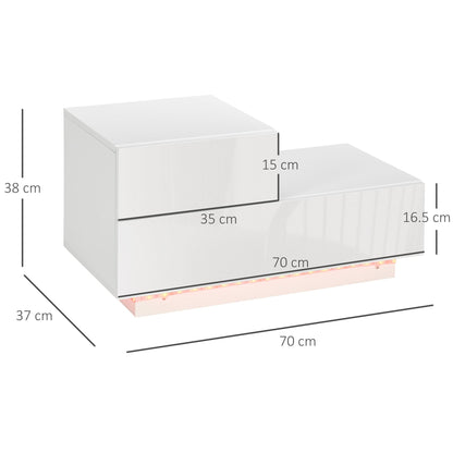 طاولة بجانب السرير من HOMCOM ذات واجهة لامعة للغاية مع أدراج وطاولة بجانب السرير مع إضاءة LED RGB وجهاز تحكم عن بعد لغرفة النوم وغرفة المعيشة باللون الأبيض