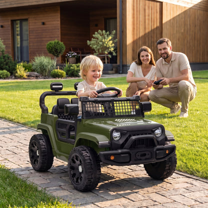 AIYAPLAY 12V Electric Car for Kids with Remote, Dual Motors, Rear Suspension, Soft Start, Music, Lights for 3-8 Years, Dark Green