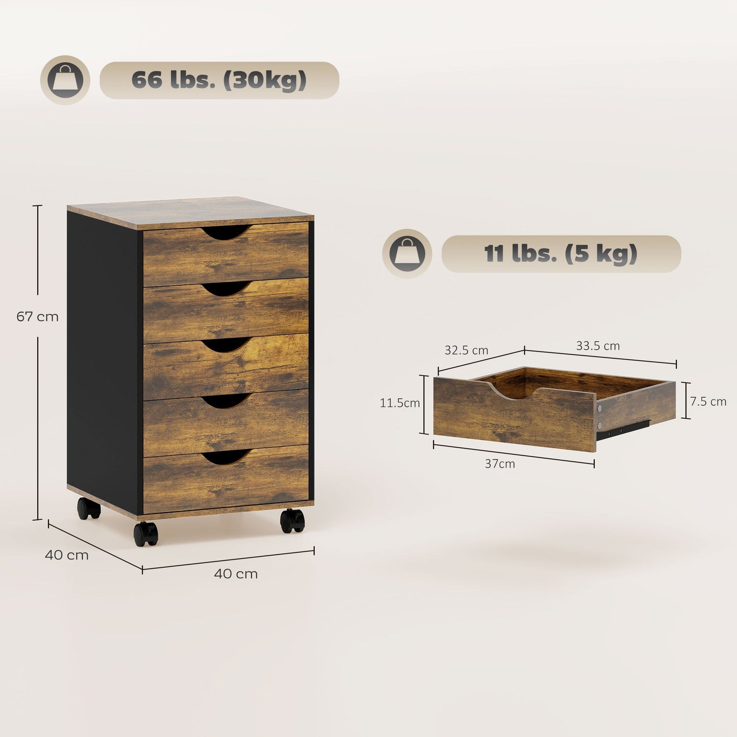 HOMCOM Five-Drawer Filing Cabinet - Rustic Brown