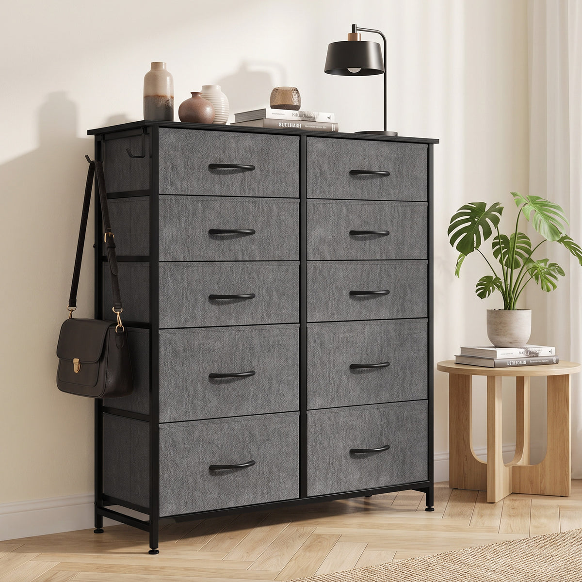 HOMCOM Chest of Drawers, Dresser with 10 Fabric Drawers, Tall Storage Unit with 4 Pockets and 2 Hooks Steel Frame, Grey
