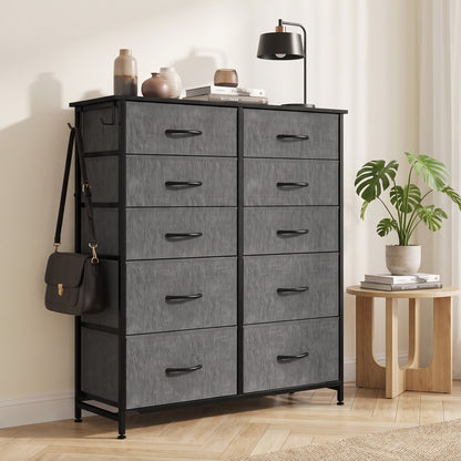 HOMCOM Chest of Drawers, Dresser with 10 Fabric Drawers, Tall Storage Unit with 4 Pockets and 2 Hooks Steel Frame, Grey