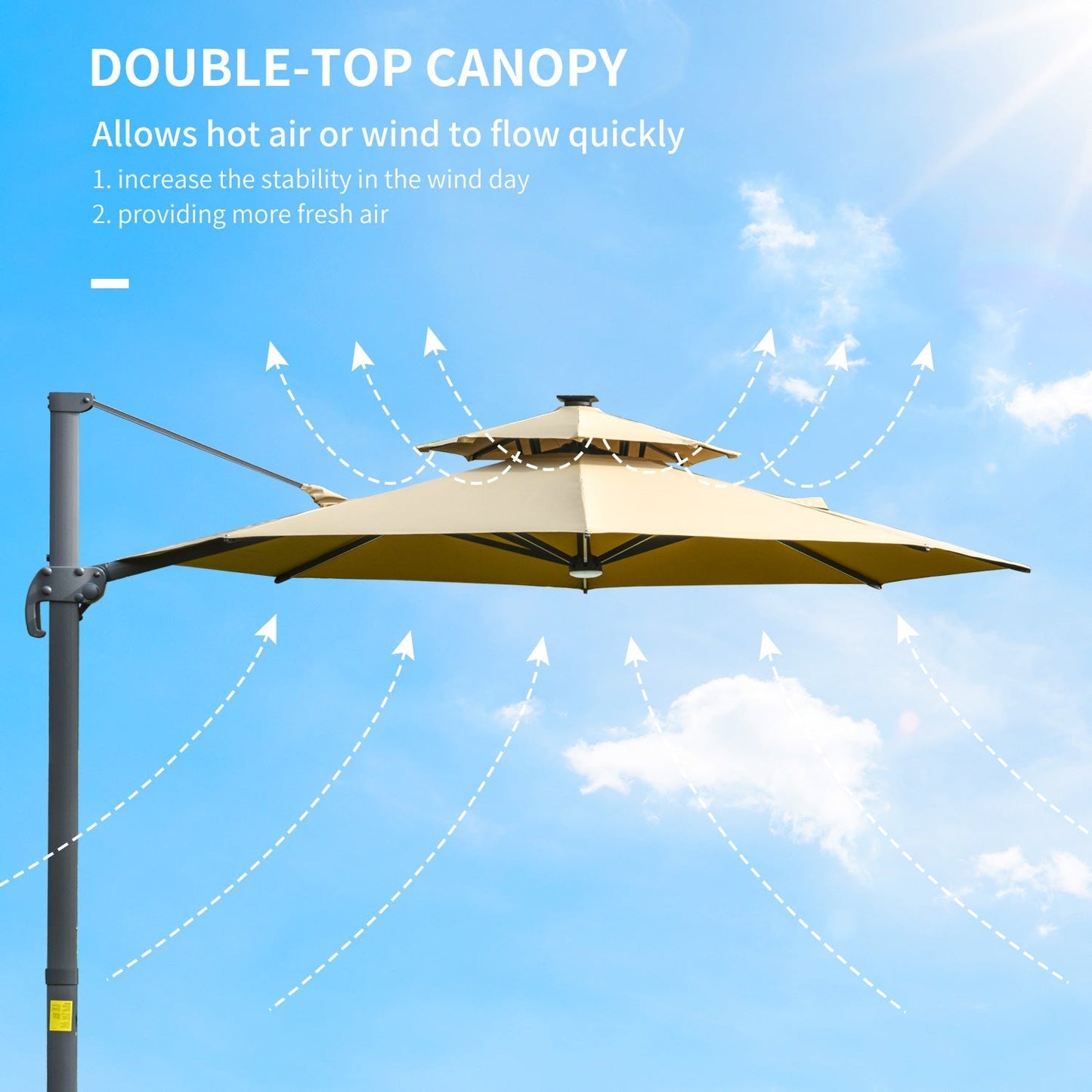 Outsunny 3m Cantilever Parasol w/ Solar Lights Power Bank Cross Base Adjustable Canopy 360° Spin Outdoor Garden Umbrella 2-Tier Roof Sun Shade Khaki