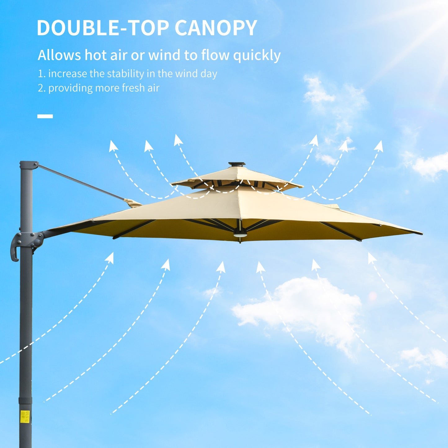 Outsunny 3m Cantilever Parasol z lampami solarnymi Power Bank Base 360√Ç¬∞ Spin Khaki