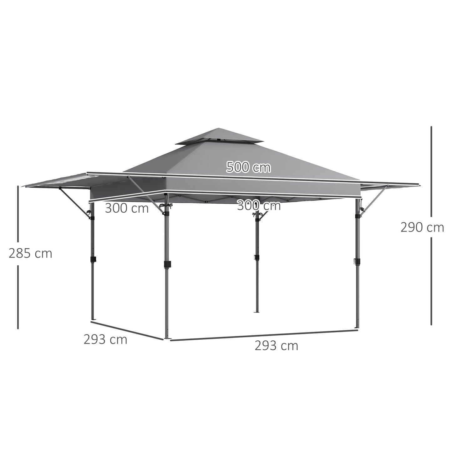 5 x 3(m) Pop Up Gazebo With Extend Dual Awnings 1 Person Easy up Marquee Party Tent with 1-Button Push, Height Adjustable Instant Shelter - Grey